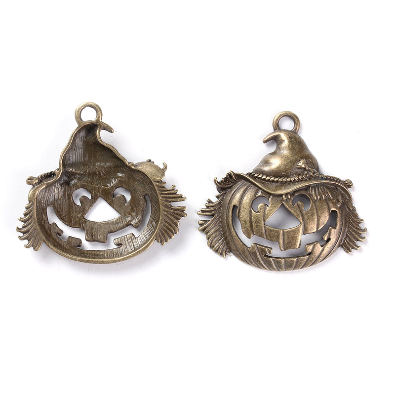 2 Large Pumpkin Charm Pendants, Jack O Lantern, Bronze Metal, Fall Jewelry, Halloween Jewelry, 2.5" wide, chs3464