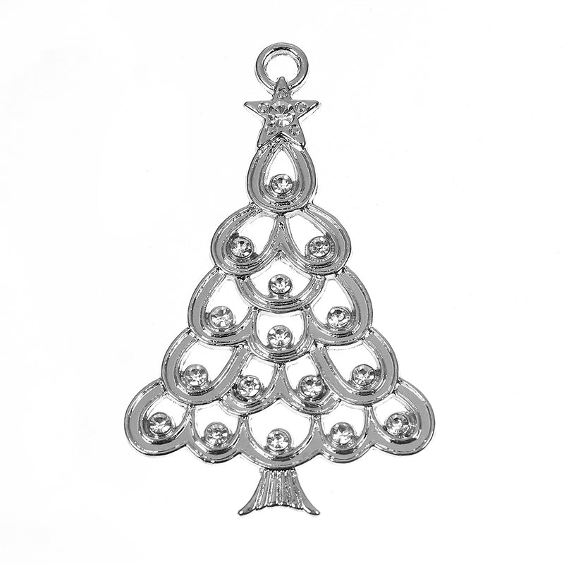 5 Large Rhinestone CHRISTMAS TREE Charms, silver with clear crystals, 2-1/4", chs3491