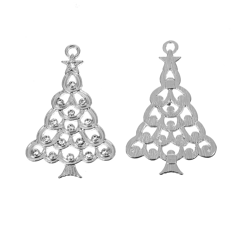 5 Large Rhinestone CHRISTMAS TREE Charms, silver with clear crystals, 2-1/4", chs3491