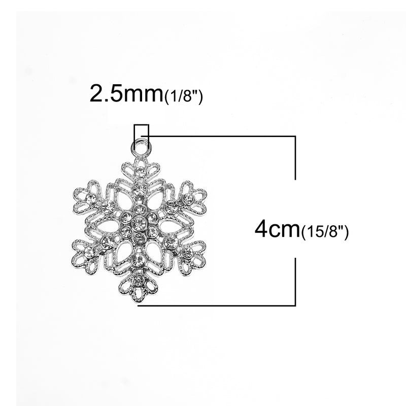 5 Large Rhinestone SNOWFLAKE Charms, silver with clear crystals, 40mm, chs3453