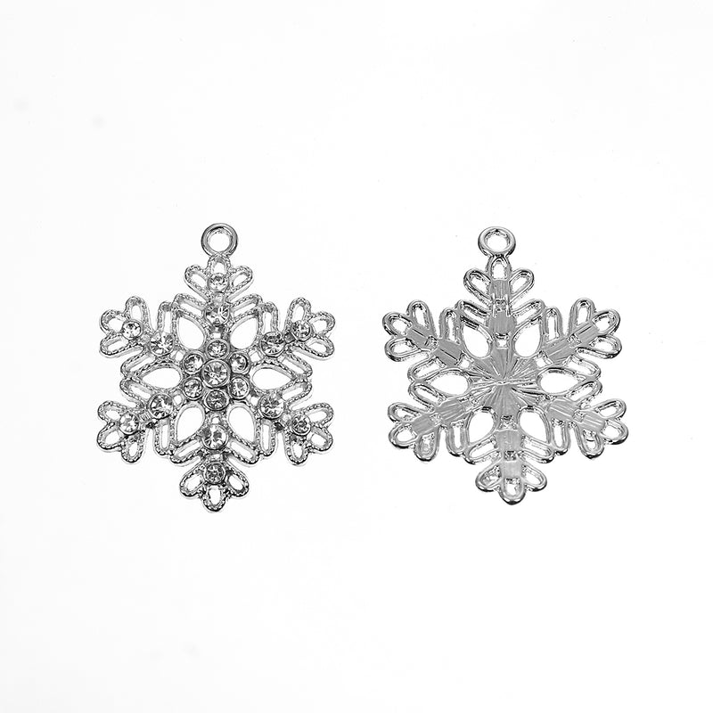 5 Large Rhinestone SNOWFLAKE Charms, silver with clear crystals, 40mm, chs3453
