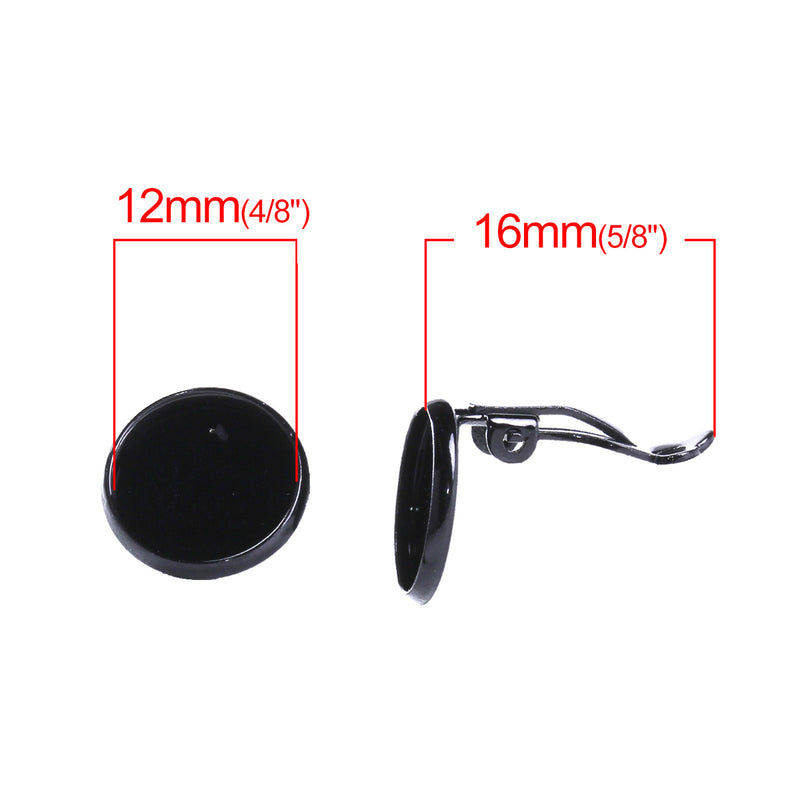 10 BLACK Plated Clip-On Earring Blanks, bezel tray fits 12mm round cabochons, fin0709