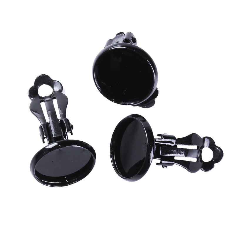 10 BLACK Plated Clip-On Earring Blanks, bezel tray fits 12mm round cabochons, fin0709