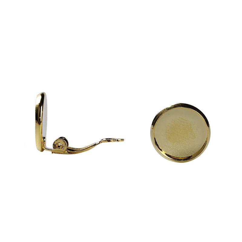 10 GOLD Plated Clip-On Earring Blanks, bezel tray fits 12mm round cabochons, fin0711