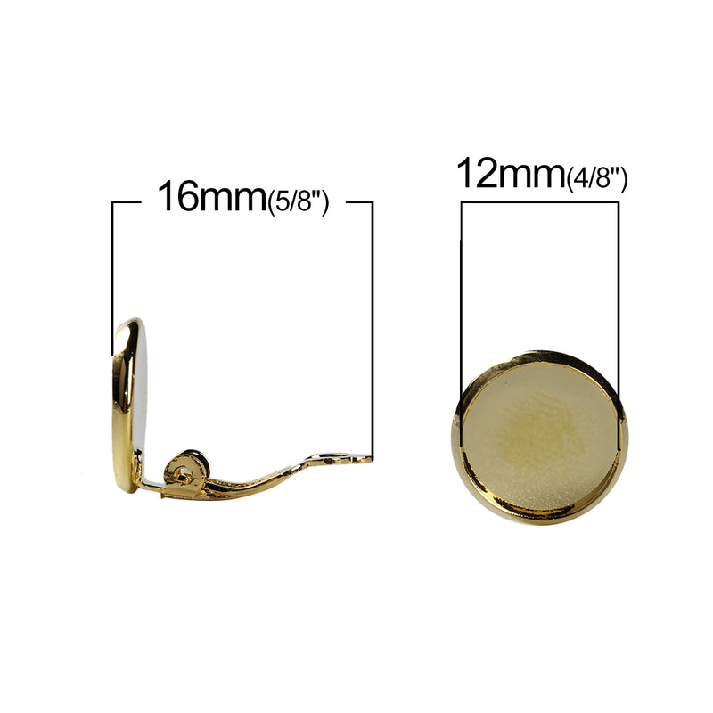 10 GOLD Plated Clip-On Earring Blanks, bezel tray fits 12mm round cabochons, fin0711