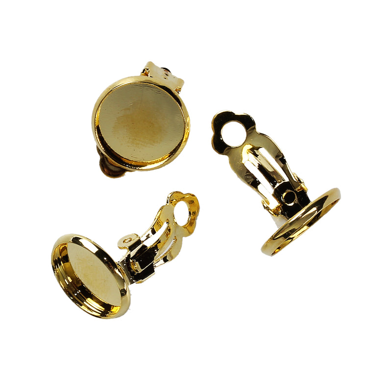 10 GOLD Plated Clip-On Earring Blanks, bezel tray fits 12mm round cabochons, fin0711