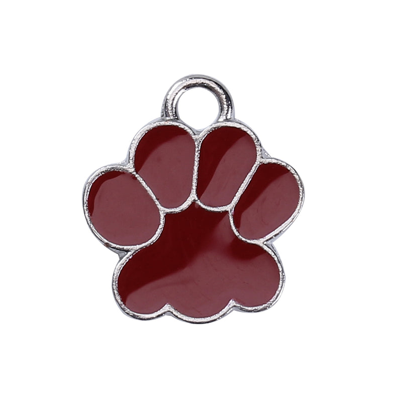 4 Metal Enamel Maroon RED Paw Print School MASCOT Charm Pendants. Bear, Tiger, Panther, Cougar. chs3438