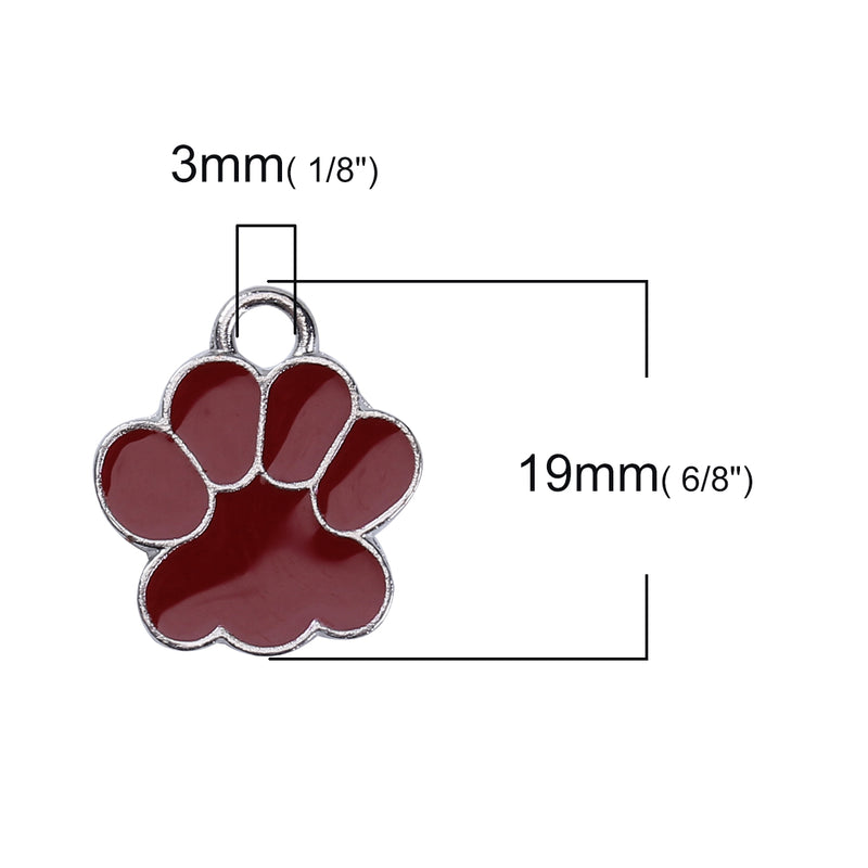 4 Metal Enamel Maroon RED Paw Print School MASCOT Charm Pendants. Bear, Tiger, Panther, Cougar. chs3438