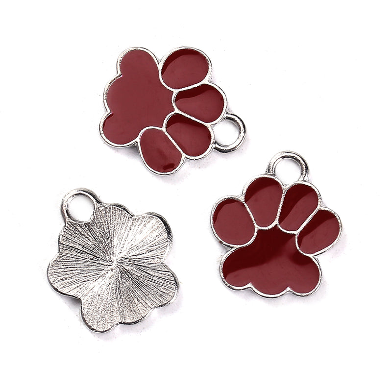 4 Metal Enamel Maroon RED Paw Print School MASCOT Charm Pendants. Bear, Tiger, Panther, Cougar. chs3438