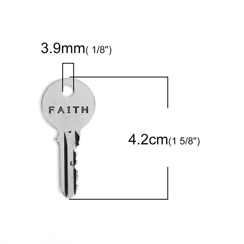 5 Silver FAITH KEY Charms, Antiqued Silver Metal with FAITH stamped on one side, 42x19mm, chs3436