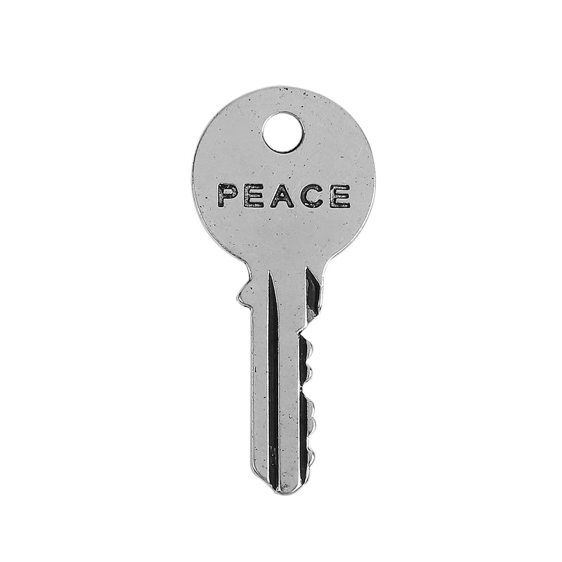 5 Silver PEACE KEY Charms, Antiqued Silver Metal with PEACE stamped on one side, 42x19mm, chs3432