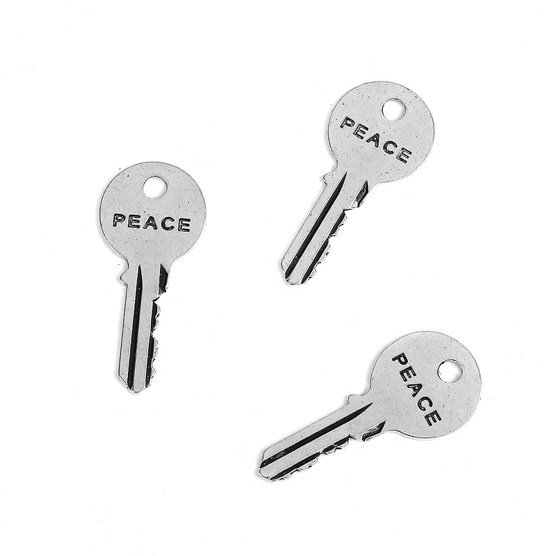 5 Silver PEACE KEY Charms, Antiqued Silver Metal with PEACE stamped on one side, 42x19mm, chs3432