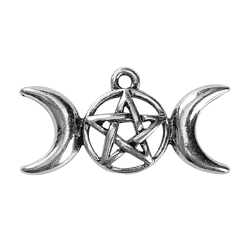 10 Silver MOON and STARS Charms, Pentagram and Crescent Moons, 29x15mm, chs3465
