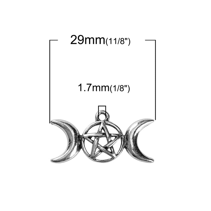 10 Silver MOON and STARS Charms, Pentagram and Crescent Moons, 29x15mm, chs3465
