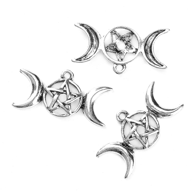 10 Silver MOON and STARS Charms, Pentagram and Crescent Moons, 29x15mm, chs3465