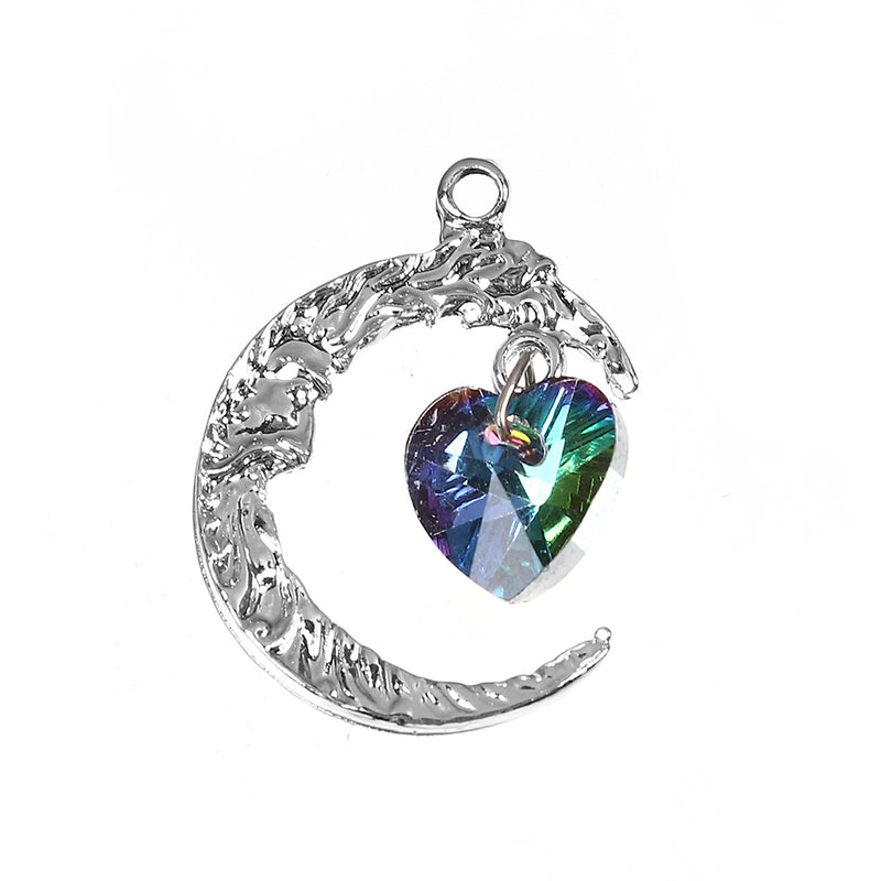 5 Silver CRESCENT MOON Charm Pendants with Rainbow Crystal Heart, 26mm, chs3439