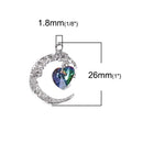 5 Silver CRESCENT MOON Charm Pendants with Rainbow Crystal Heart, 26mm, chs3439