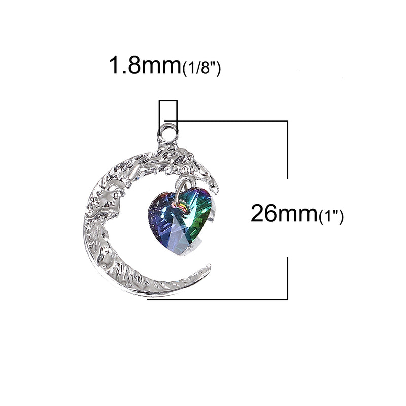 5 Silver CRESCENT MOON Charm Pendants with Rainbow Crystal Heart, 26mm, chs3439