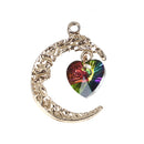 5 Gold CRESCENT MOON Charm Pendants with Rainbow Crystal Heart, 26mm, chs3488