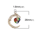 5 Gold CRESCENT MOON Charm Pendants with Rainbow Crystal Heart, 26mm, chs3488