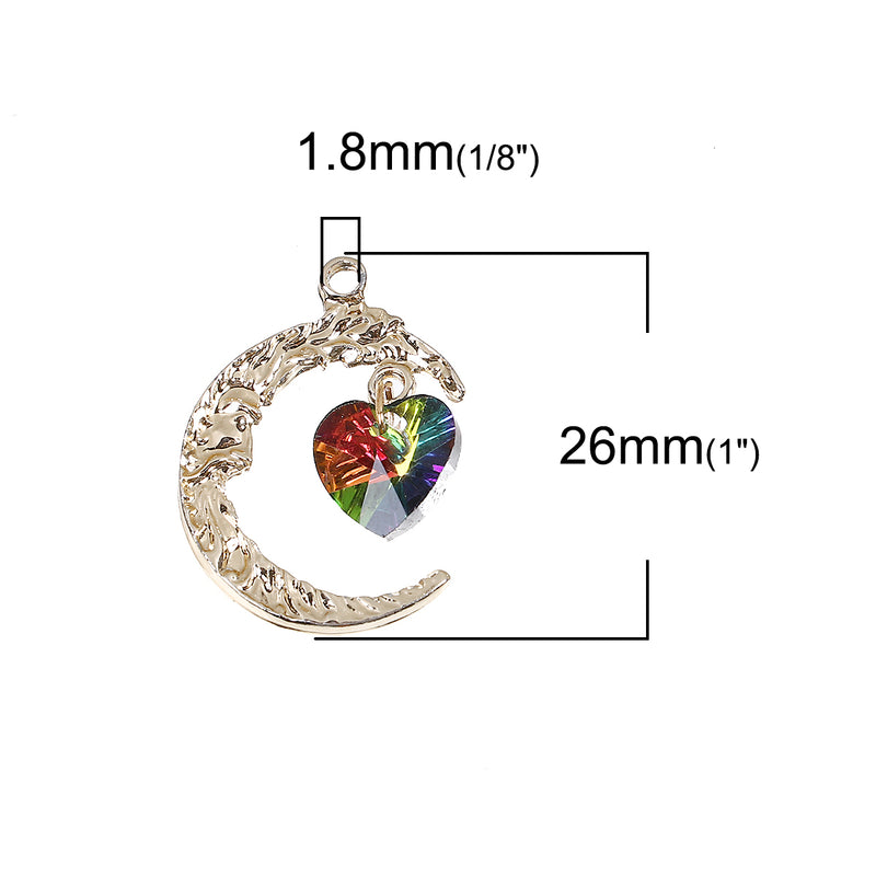5 Gold CRESCENT MOON Charm Pendants with Rainbow Crystal Heart, 26mm, chs3488