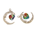 5 Gold CRESCENT MOON Charm Pendants with Rainbow Crystal Heart, 26mm, chs3488