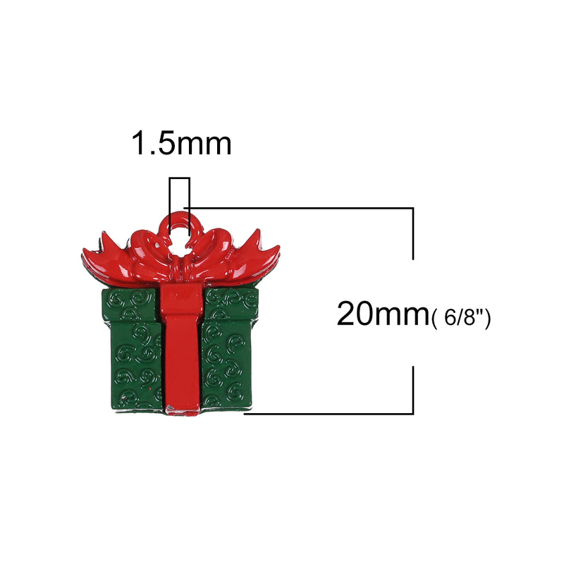 10 CHRISTMAS Charms, Red and Green Gift Box Charms or Pendants, enamel, 20mm, chs3423