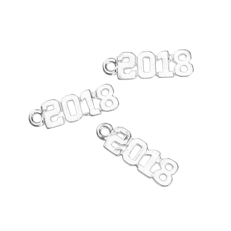 10 Bright Silver 2018 Graduation Charm Pendants, Varsity font, 2018 graduation charm, chs3375