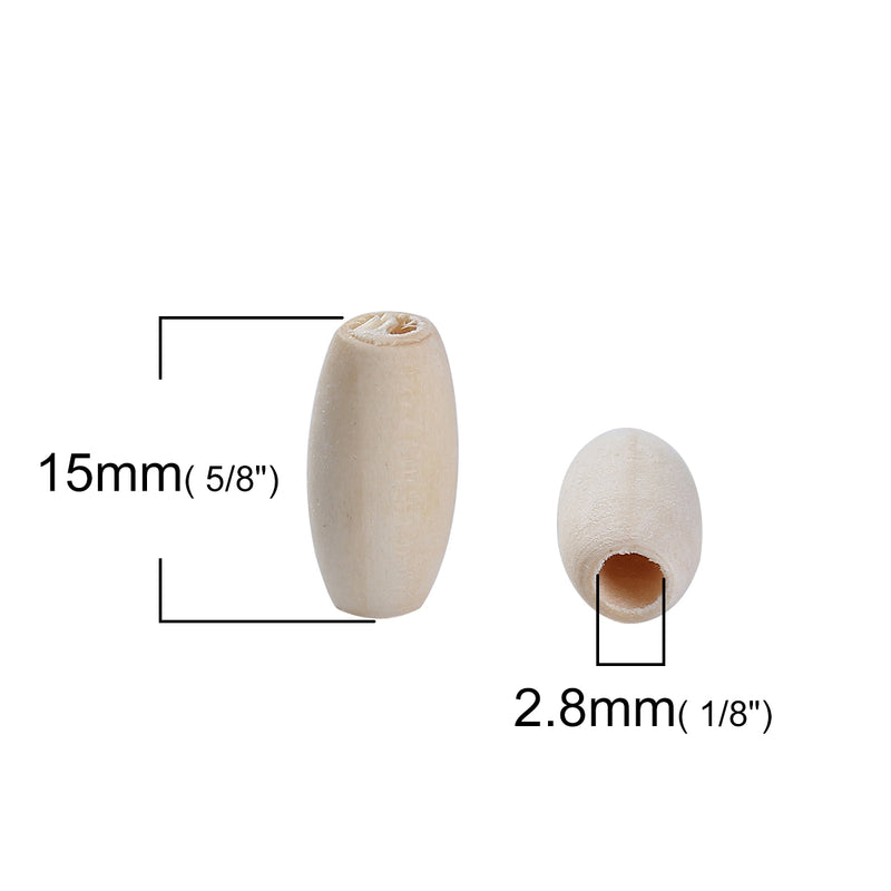 300 Natural Wood Beads, 15mm (5/8") Hinoki Wood Oval Beads for Crafting, bwd0007