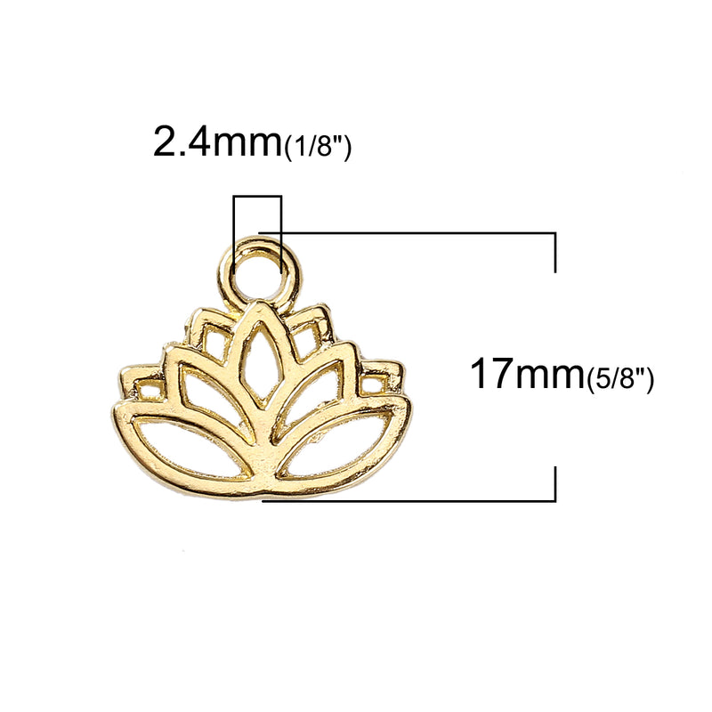 100 Gold LOTUS FLOWER Charm Pendants, gold plated metal, 17x14mm, bulk chs3413b