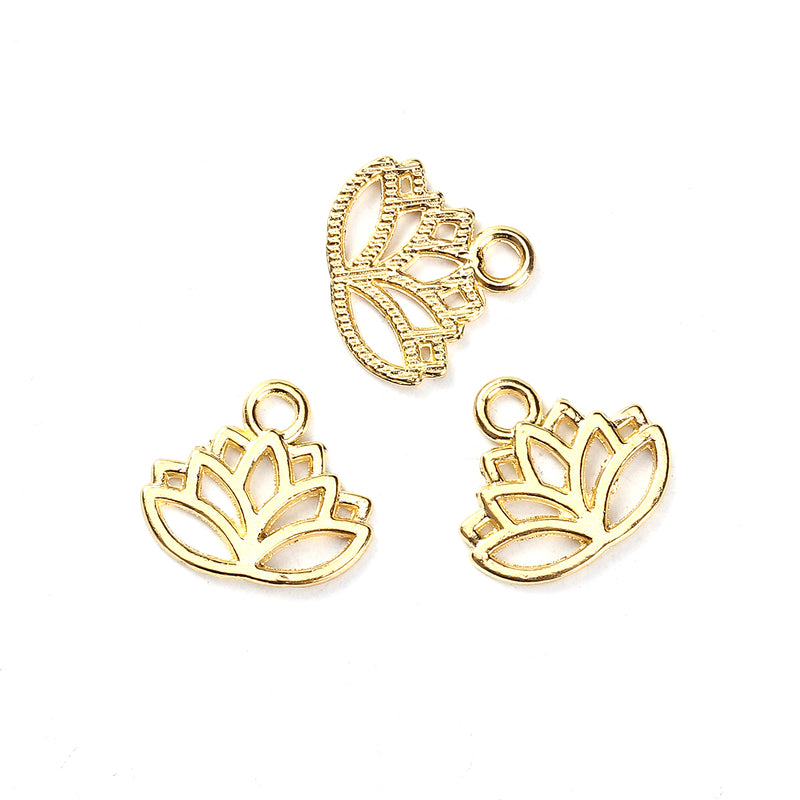 100 Gold LOTUS FLOWER Charm Pendants, gold plated metal, 17x14mm, bulk chs3413b