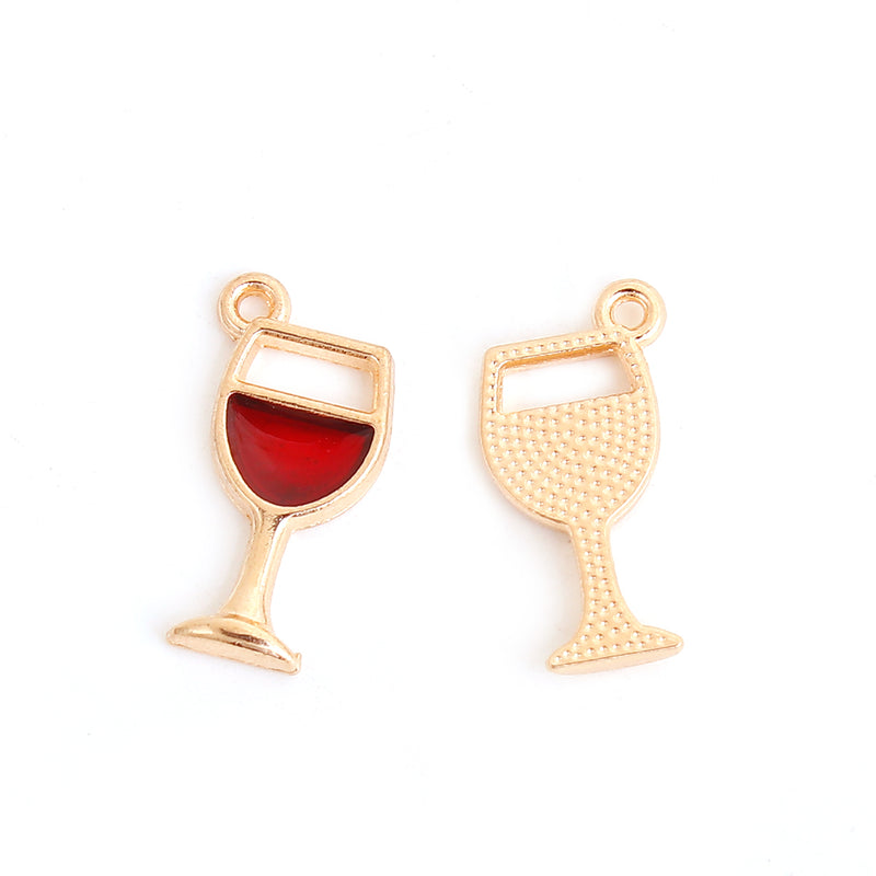 4 Gold Plated Wine Cup Glass Charm Pendants 20x9mm, First Communion Eucharist, red enamel chs3493