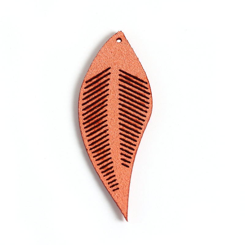 20 Faux Leather Feather Charms, Coral Orange, 1-3/4" long, chs3489