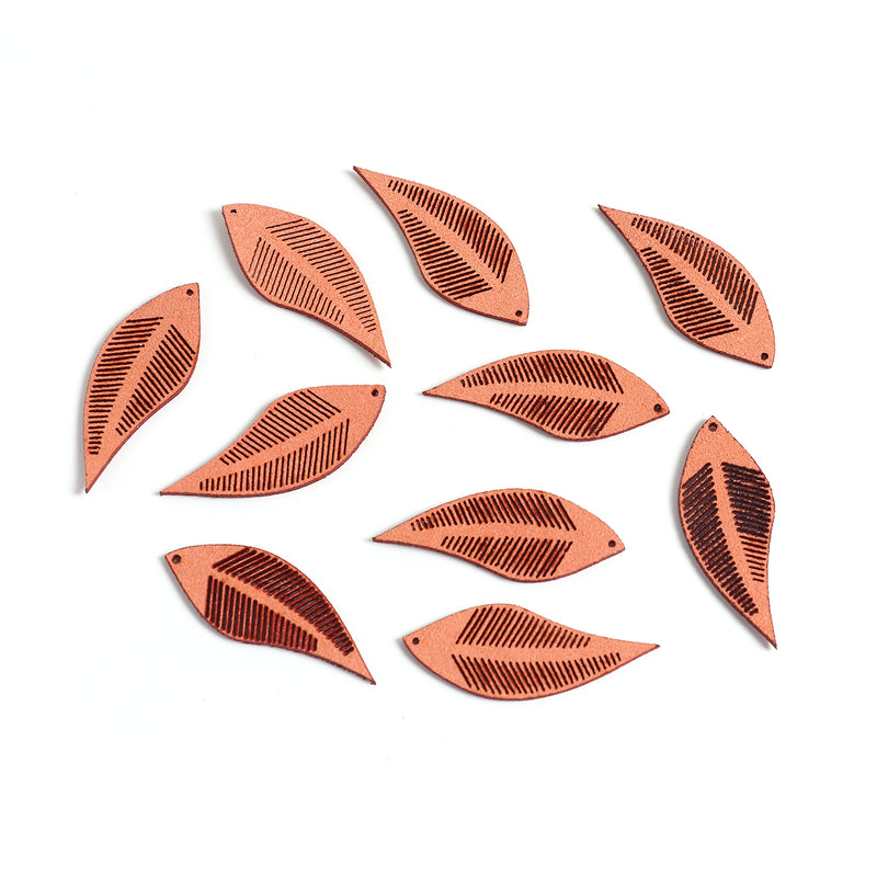 20 Faux Leather Feather Charms, Coral Orange, 1-3/4" long, chs3489
