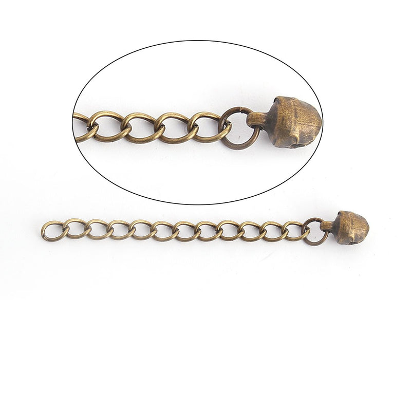 50 Necklace Extension Chains, about 2 3/8" long, bronze tone metal, curb link extender chain with bell finial, fch0838