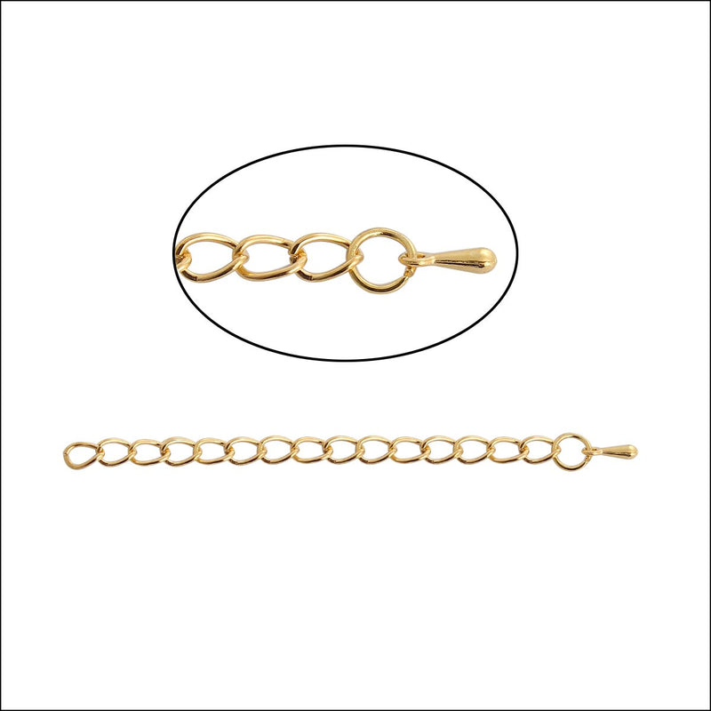 50 Necklace Extension Chains, about 3 1/8" long, gold plated metal, curb link extender chain, fch0840