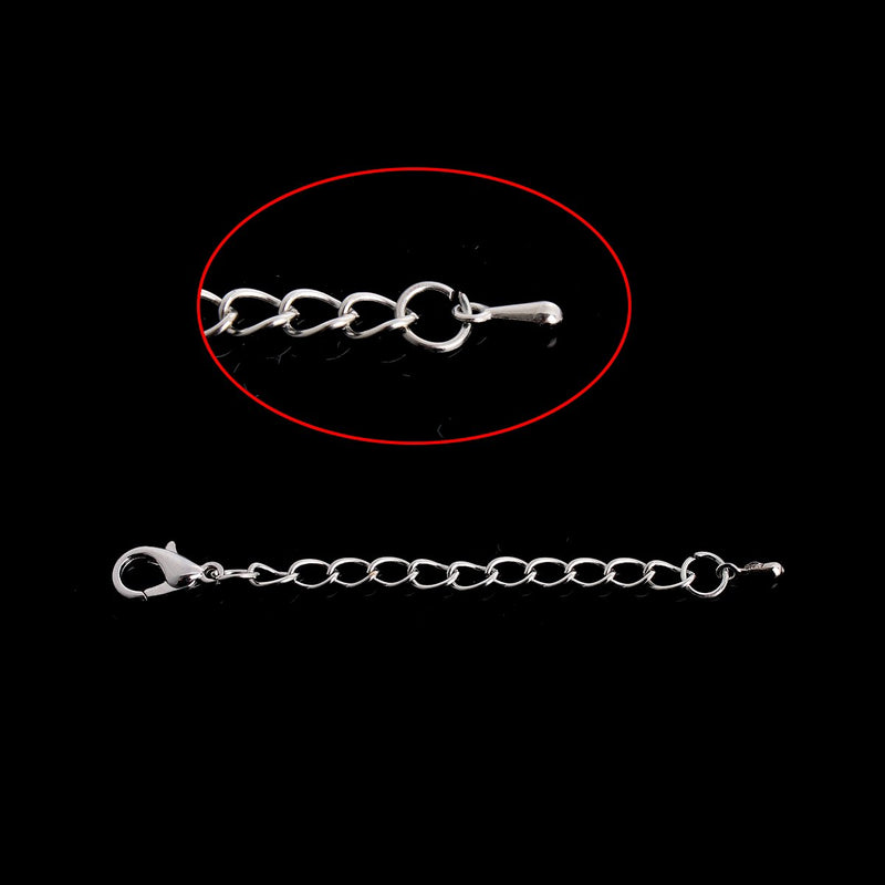 10 Necklace Bracelet Extension Chains, about 3" long, silver tone metal, curb link extender chain with finial and clasp, fch0843