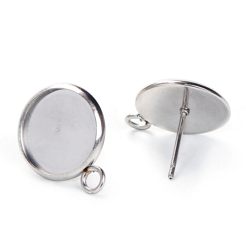 20 stainless steel cabochon bezel setting earring post components, with loop, fits 12mm round inside bezel, fin0739
