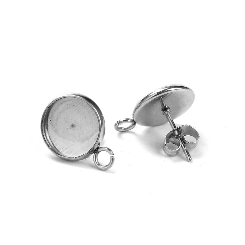 20 stainless steel cabochon bezel setting earring post components, with loop, fits 10mm round inside bezel, fin0737
