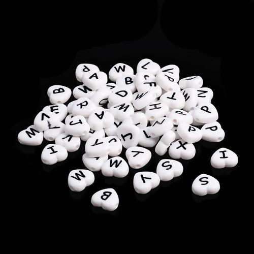 11mm Heart Alphabet Beads, White with Black Letters, 100 acrylic beads bac0412