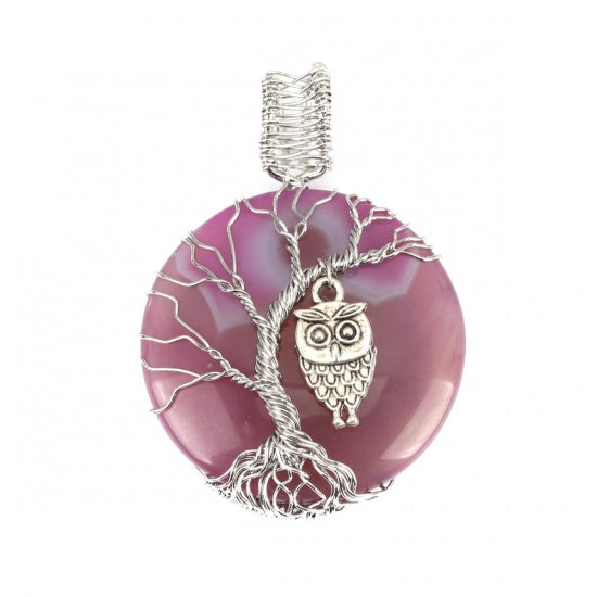 Owl Pendant on Pink Agate Gemstone, 2.25", chs8198