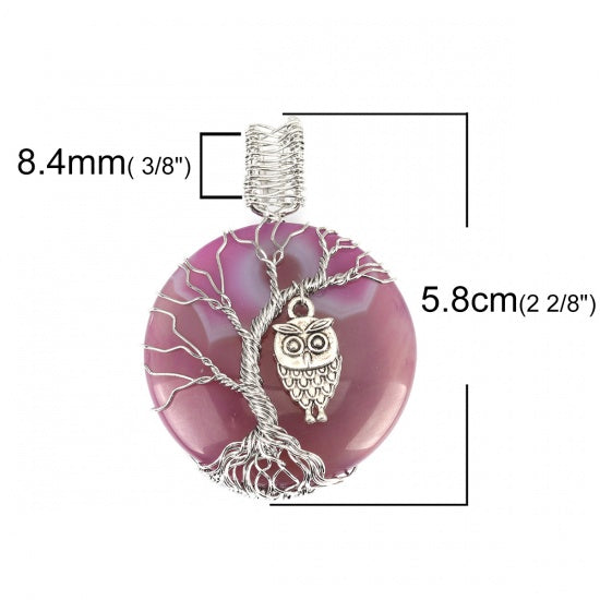 Owl Pendant on Pink Agate Gemstone, 2.25", chs8198