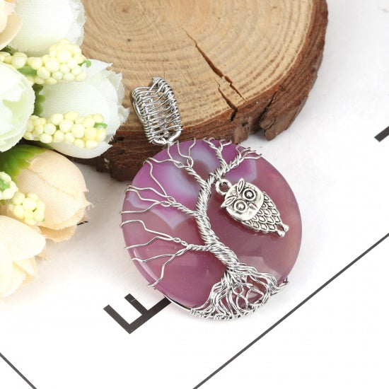 Owl Pendant on Pink Agate Gemstone, 2.25", chs8198