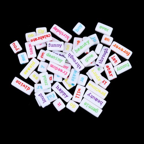 Word Phrase Acrylic Beads, Rectangle, white with multicolor letters, x50 beads, bac0416
