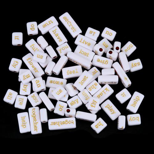 Word Phrase Acrylic Beads, Rectangle, white with gold letters, x50 beads, bac0414