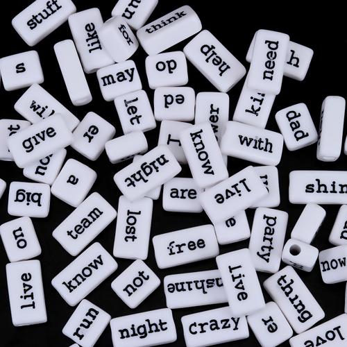 Word Phrase Acrylic Beads, Rectangle, white with black letters, x50 beads, bac0417
