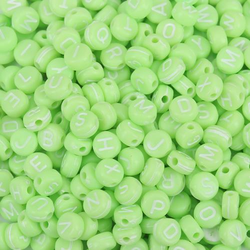 7mm Alphabet Coin Beads, Green with White Letters, x500 acrylic beads bac0403