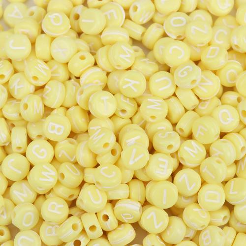 7mm Alphabet Coin Beads, Yellow with White Letters, x500 acrylic beads bac0407