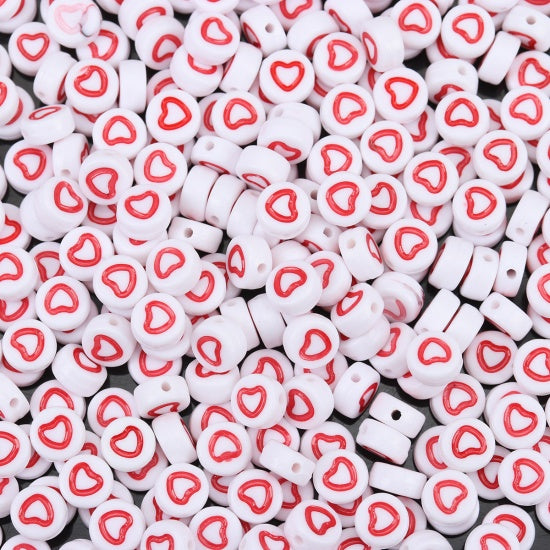 7mm Heart Beads, White with Red Heart, x50 acrylic beads bac0439