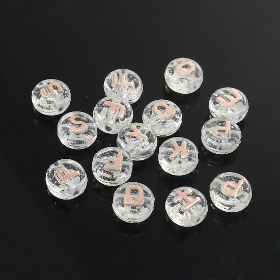 10mm Alphabet Coin Beads, Clear with Rose Gold Letters, x1600 acrylic beads bac0442